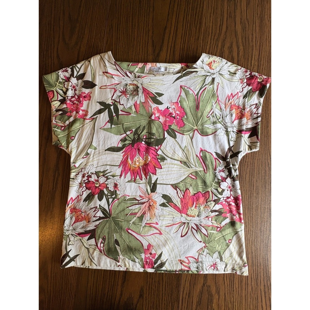 Chico's Women Top Size 2 L White Pink Green Tropical Floral Cotton Boat Neck Tee
